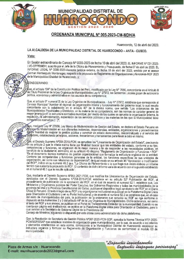 Ordenanza Municipal N°005-2023-CM.MDH/A